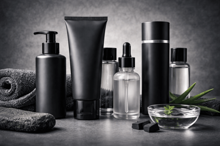 Men's skincare essentials on display